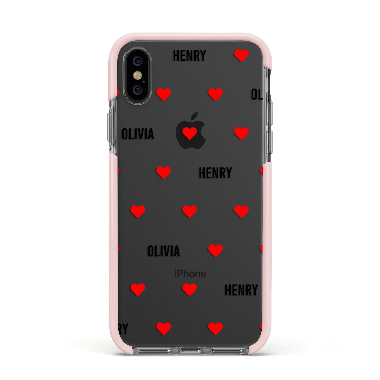 Red Hearts with Couple s Names Apple iPhone Xs Impact Case Pink Edge on Black Phone