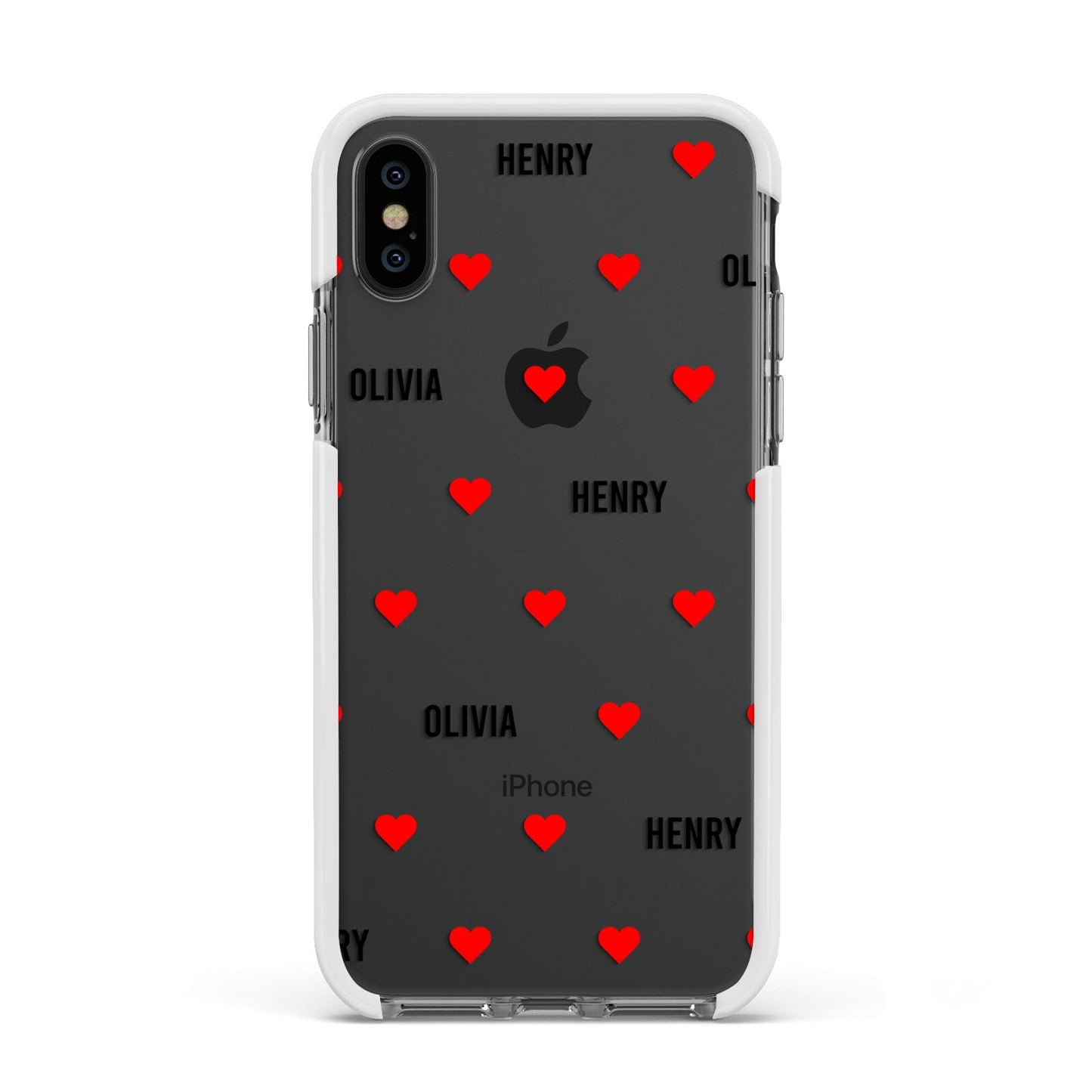 Red Hearts with Couple s Names Apple iPhone Xs Impact Case White Edge on Black Phone