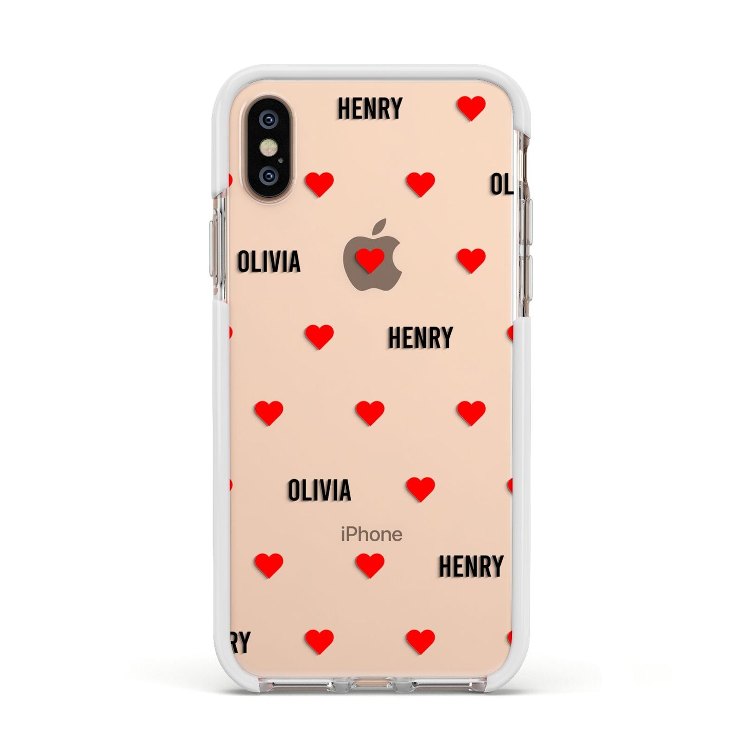 Red Hearts with Couple s Names Apple iPhone Xs Impact Case White Edge on Gold Phone