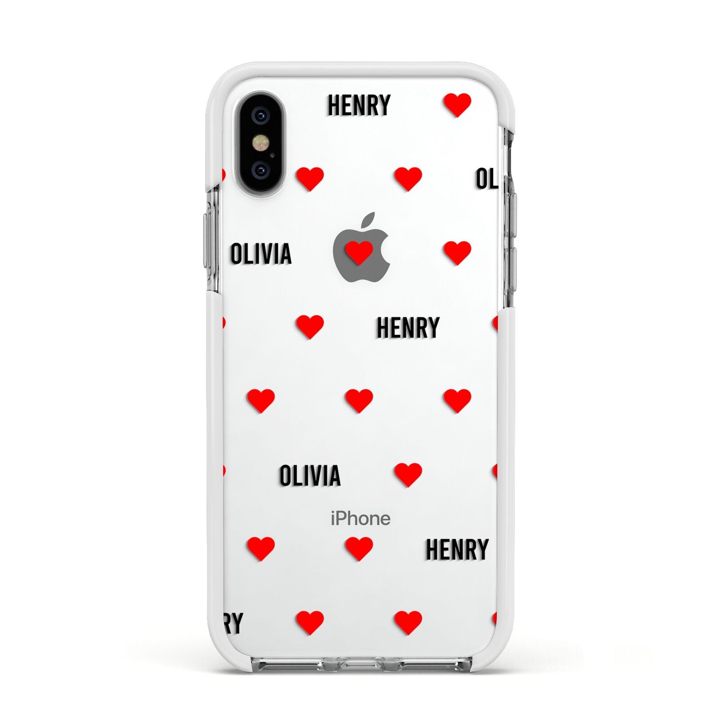 Red Hearts with Couple s Names Apple iPhone Xs Impact Case White Edge on Silver Phone