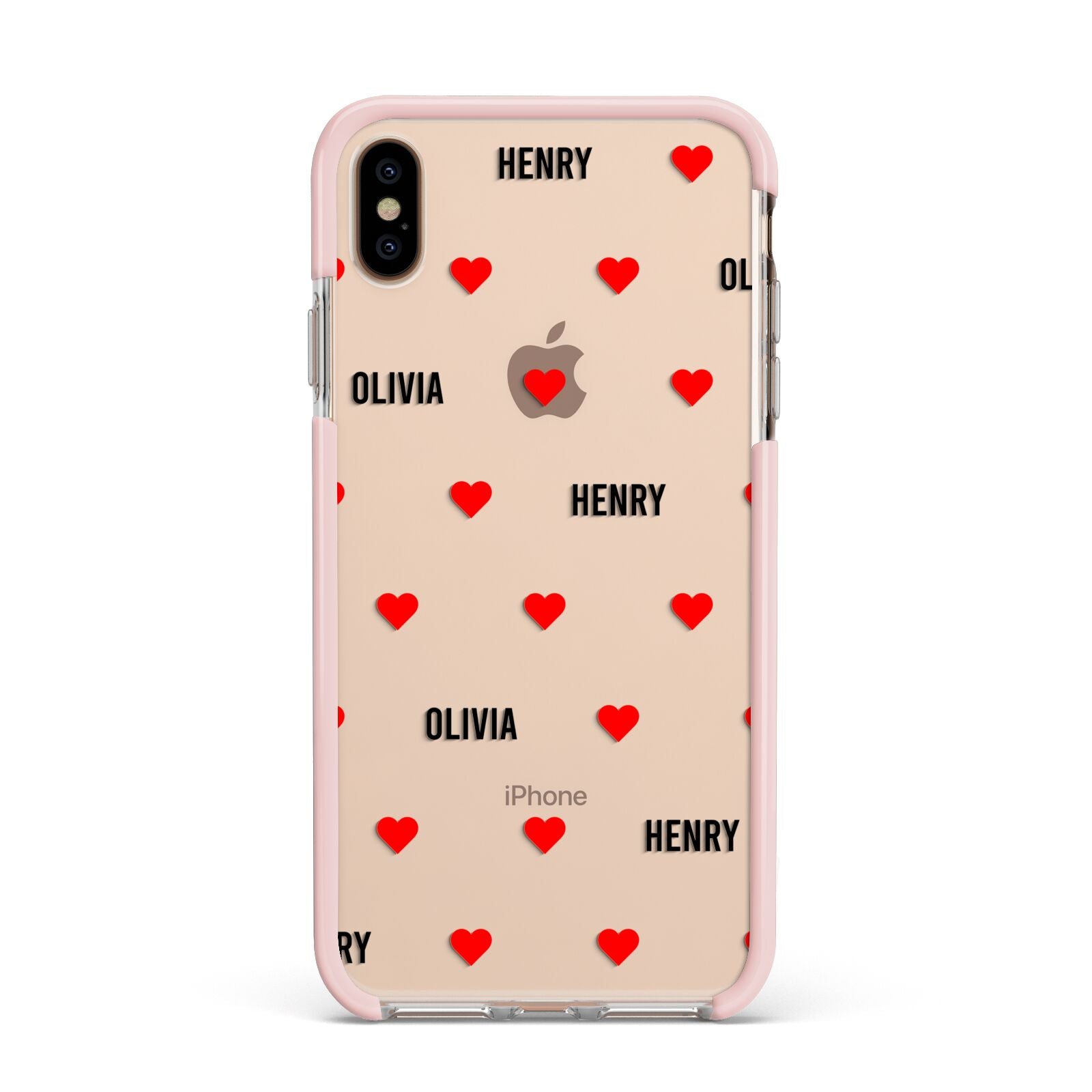 Red Hearts with Couple s Names Apple iPhone Xs Max Impact Case Pink Edge on Gold Phone