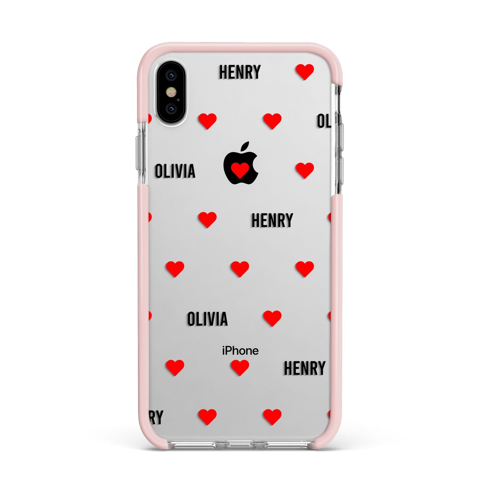 Red Hearts with Couple s Names Apple iPhone Xs Max Impact Case Pink Edge on Silver Phone