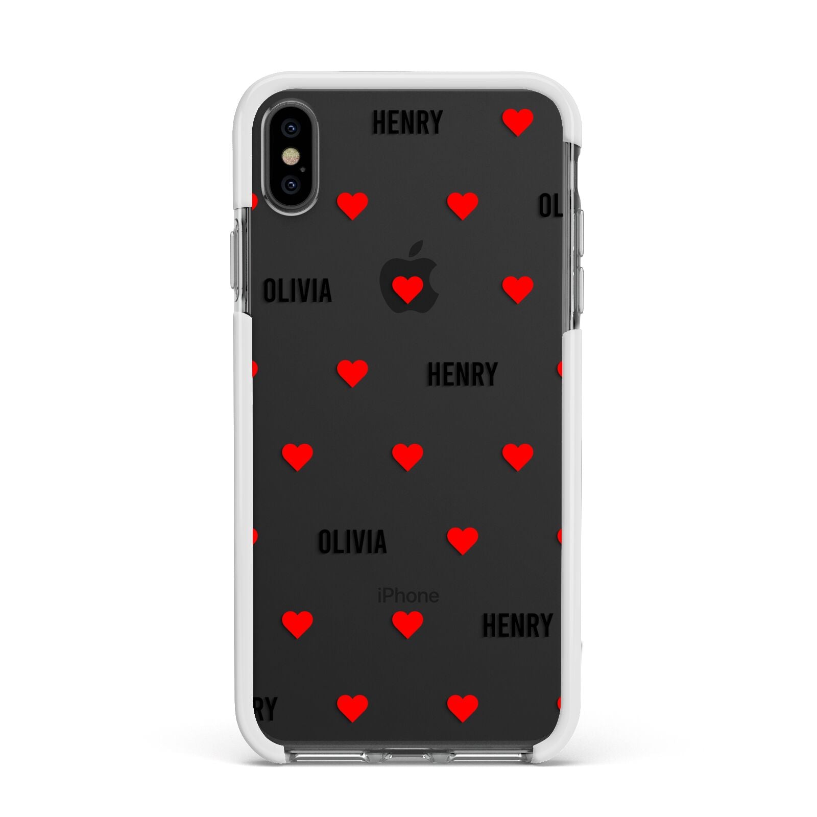 Red Hearts with Couple s Names Apple iPhone Xs Max Impact Case White Edge on Black Phone