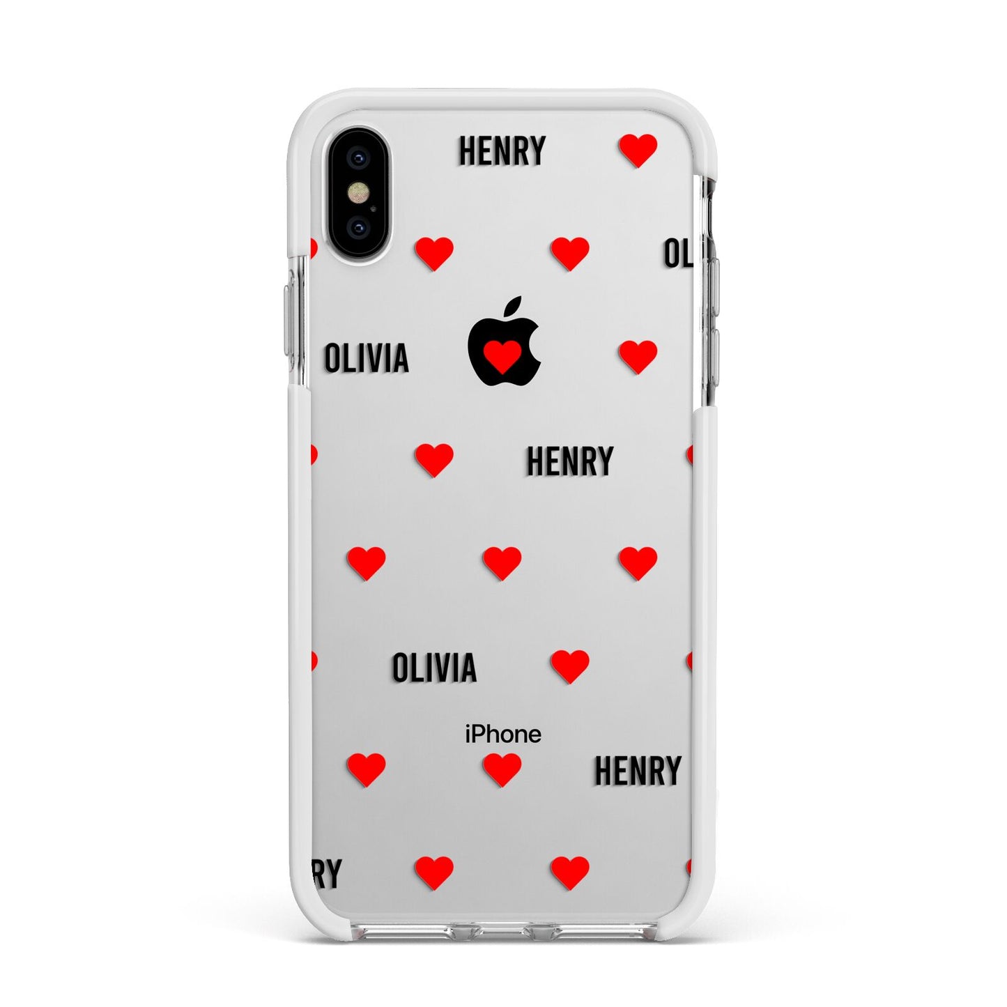 Red Hearts with Couple s Names Apple iPhone Xs Max Impact Case White Edge on Silver Phone