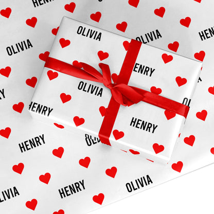 Red Hearts with Couple s Names Custom Wrapping Paper