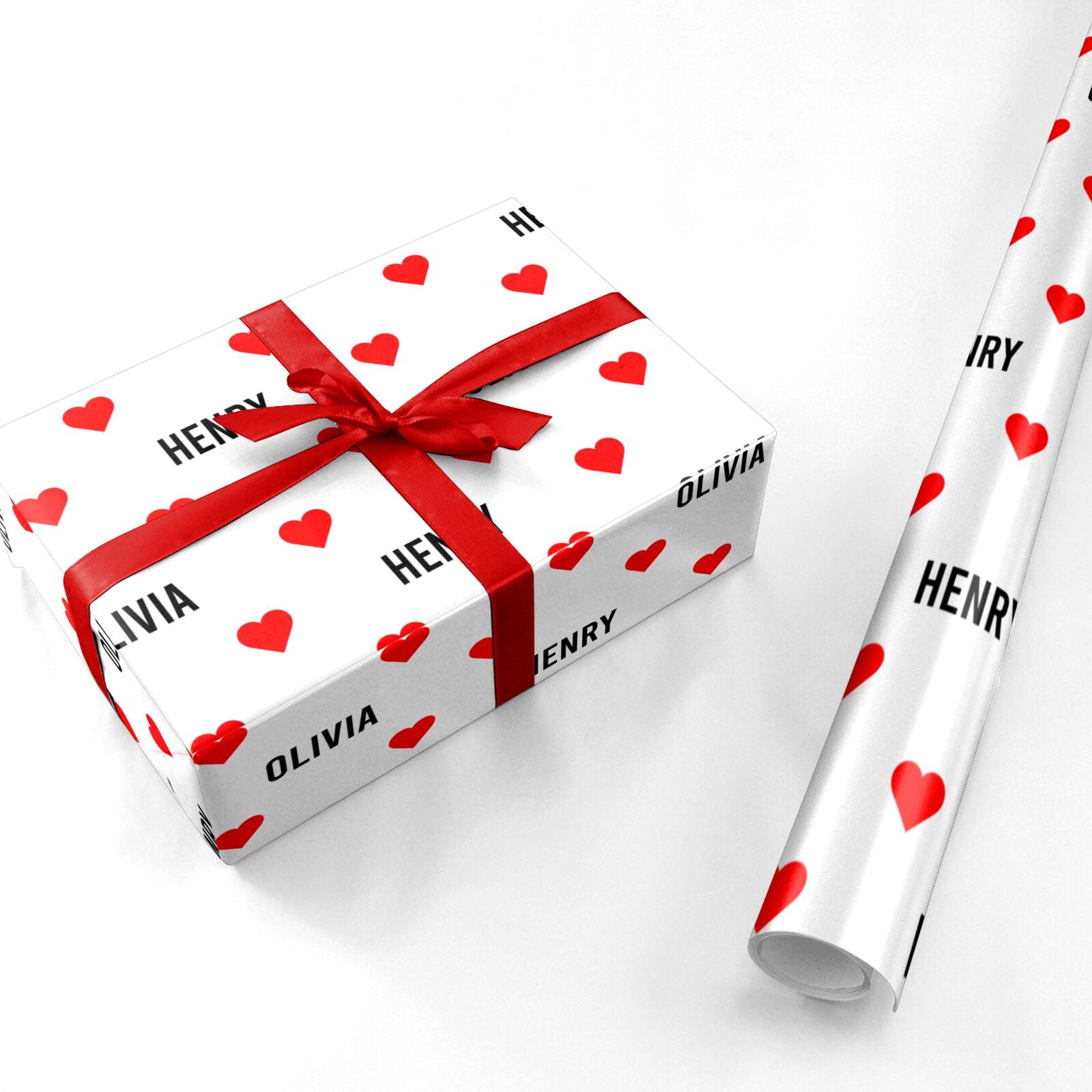 Red Hearts with Couple s Names Personalised Wrapping Paper