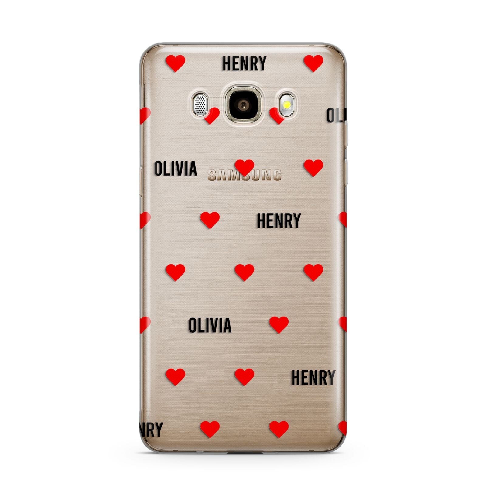 Red Hearts with Couple s Names Samsung Galaxy J7 2016 Case on gold phone