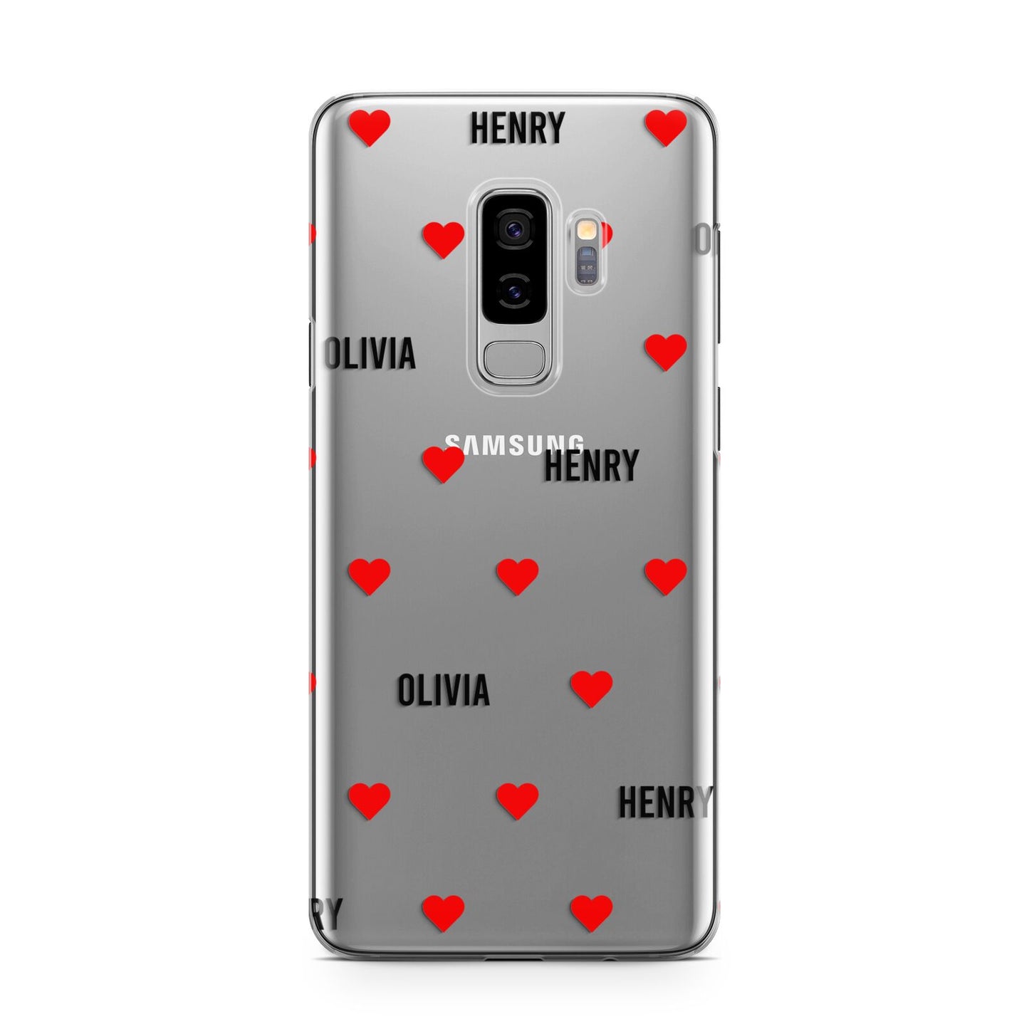 Red Hearts with Couple s Names Samsung Galaxy S9 Plus Case on Silver phone