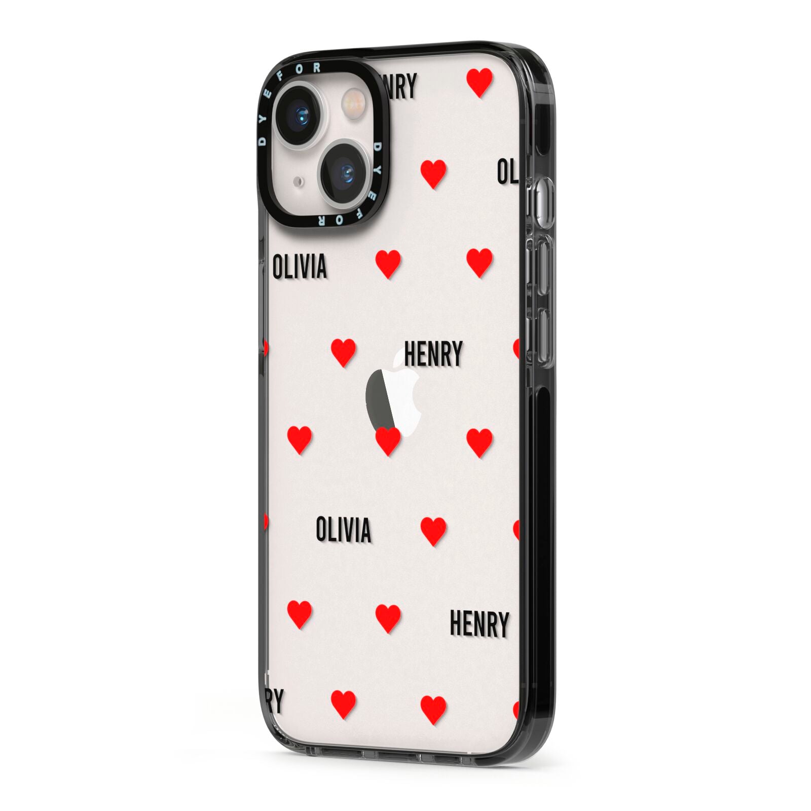 Red Hearts with Couple s Names iPhone 13 Black Impact Case Side Angle on Silver phone