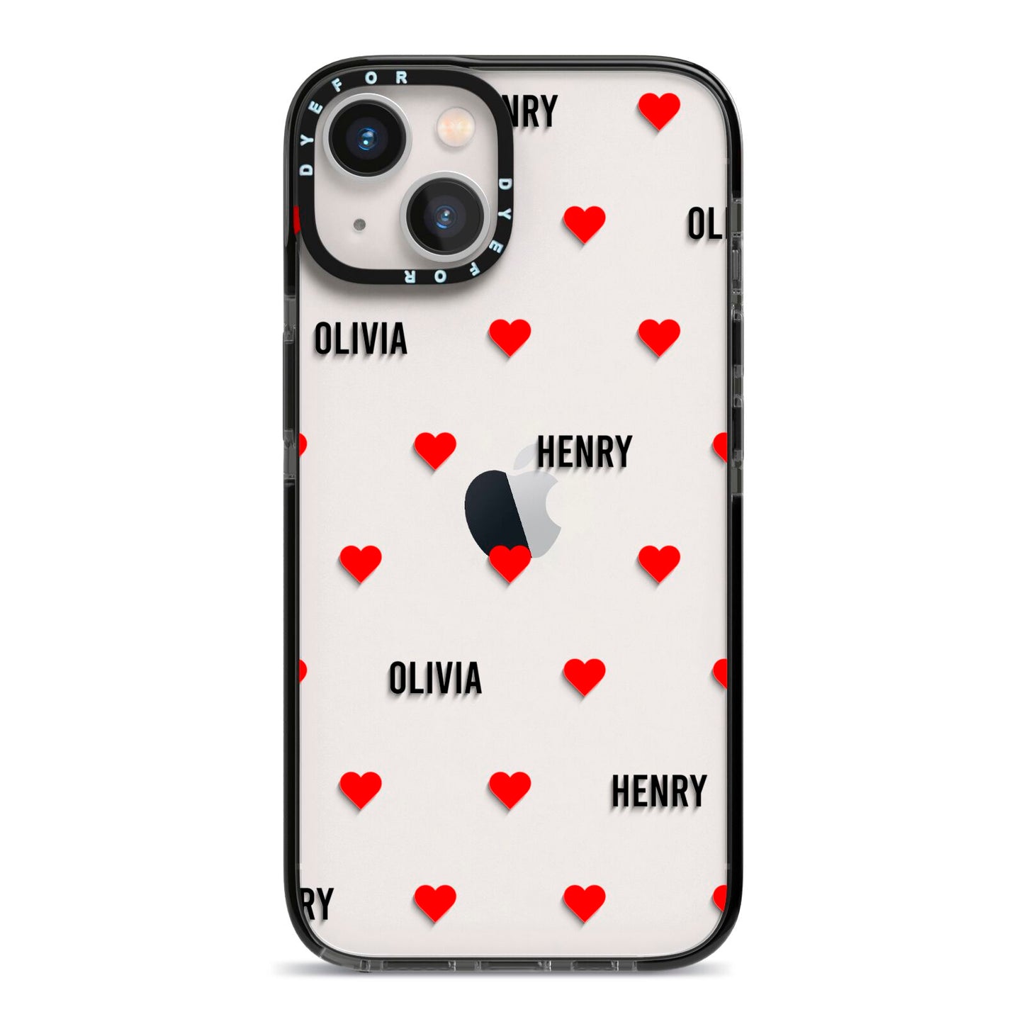 Red Hearts with Couple s Names iPhone 13 Black Impact Case on Silver phone