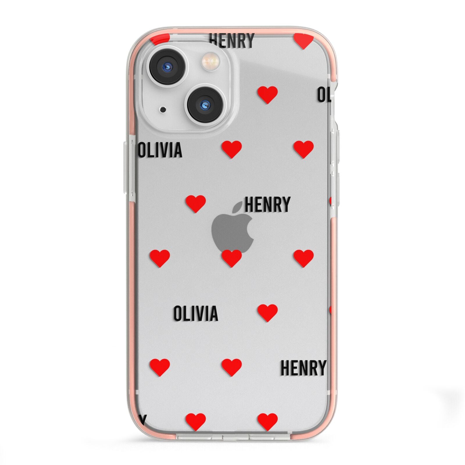 Red Hearts with Couple s Names iPhone 13 Mini TPU Impact Case with Pink Edges