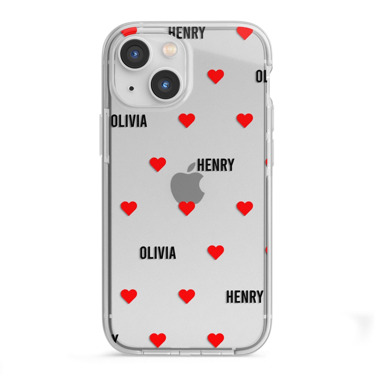 Red Hearts with Couple s Names iPhone 13 Mini TPU Impact Case with White Edges