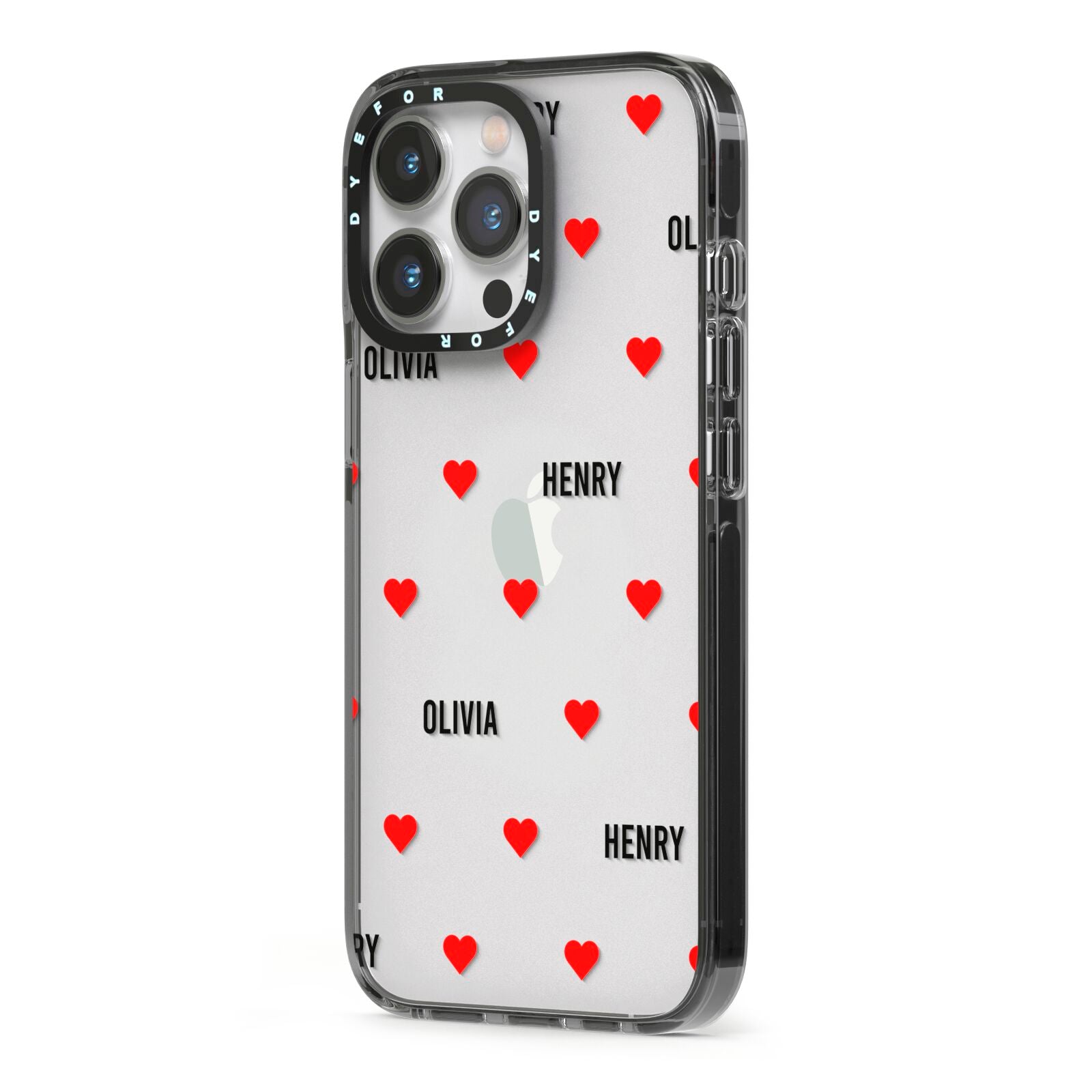 Red Hearts with Couple s Names iPhone 13 Pro Black Impact Case Side Angle on Silver phone