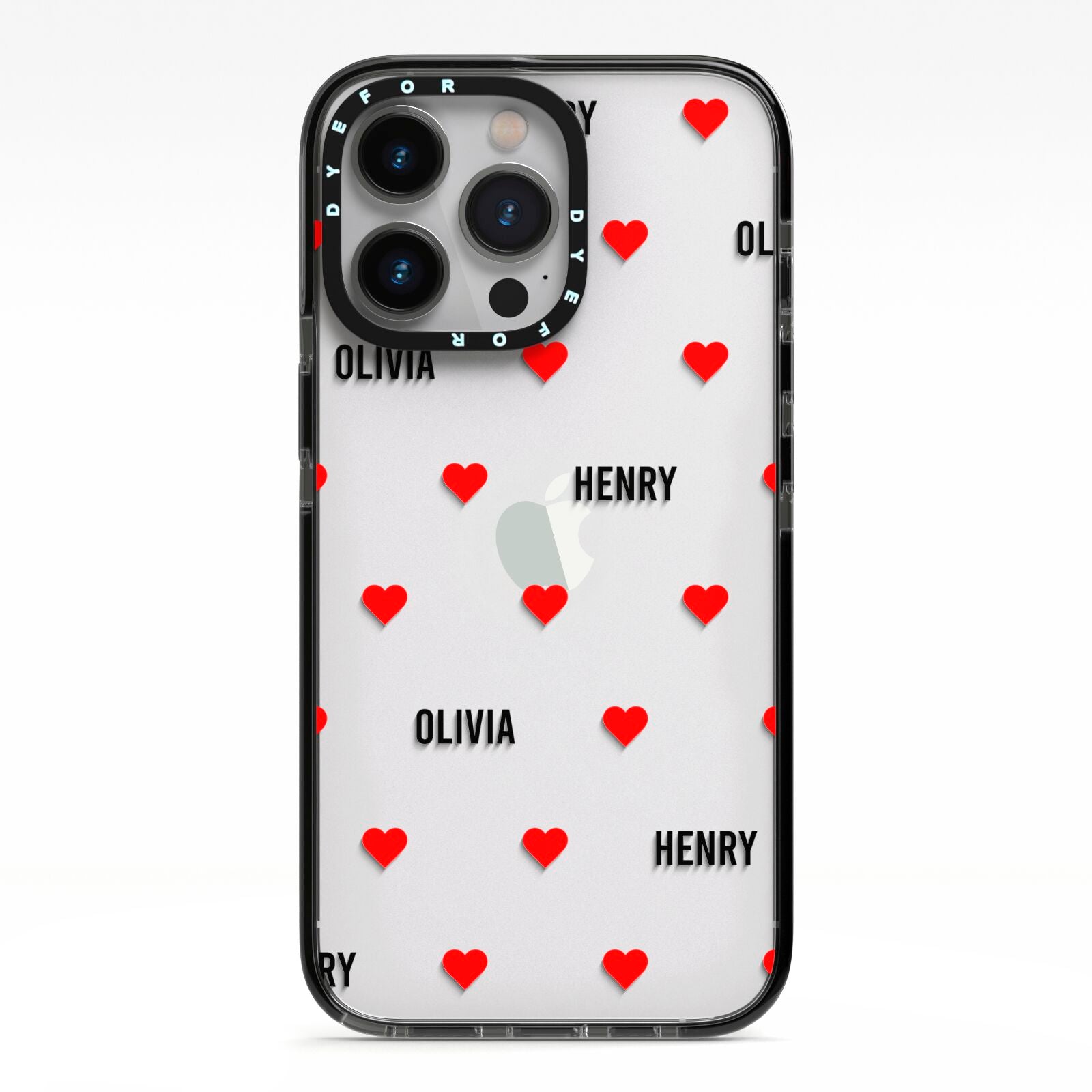 Red Hearts with Couple s Names iPhone 13 Pro Black Impact Case on Silver phone