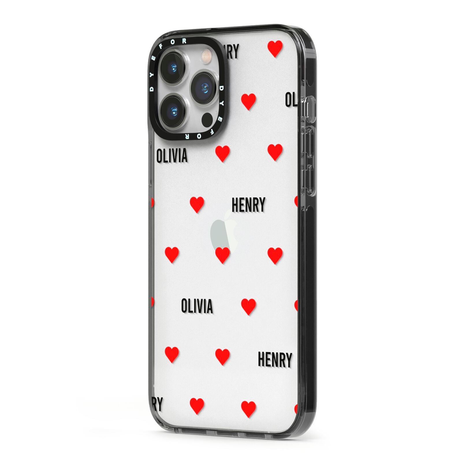 Red Hearts with Couple s Names iPhone 13 Pro Max Black Impact Case Side Angle on Silver phone