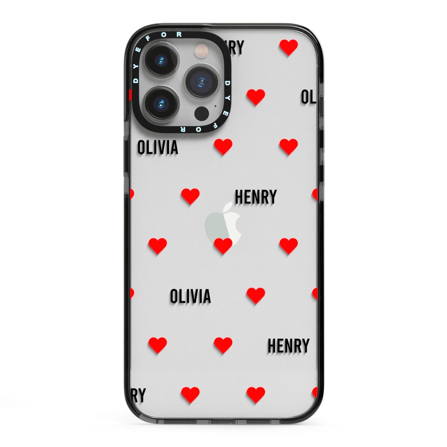 Red Hearts with Couple s Names iPhone 13 Pro Max Black Impact Case on Silver phone