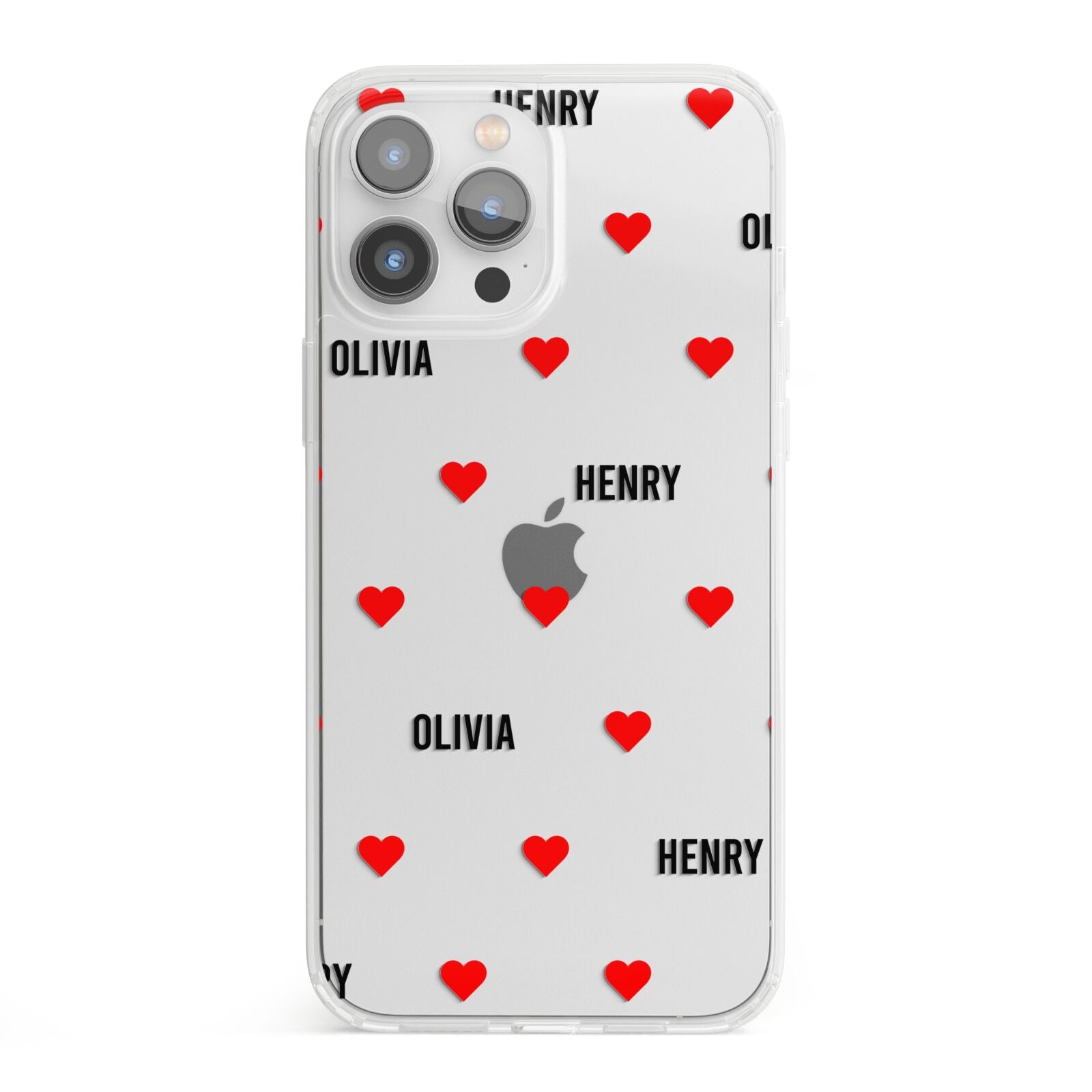 Red Hearts with Couple s Names iPhone 13 Pro Max Clear Bumper Case