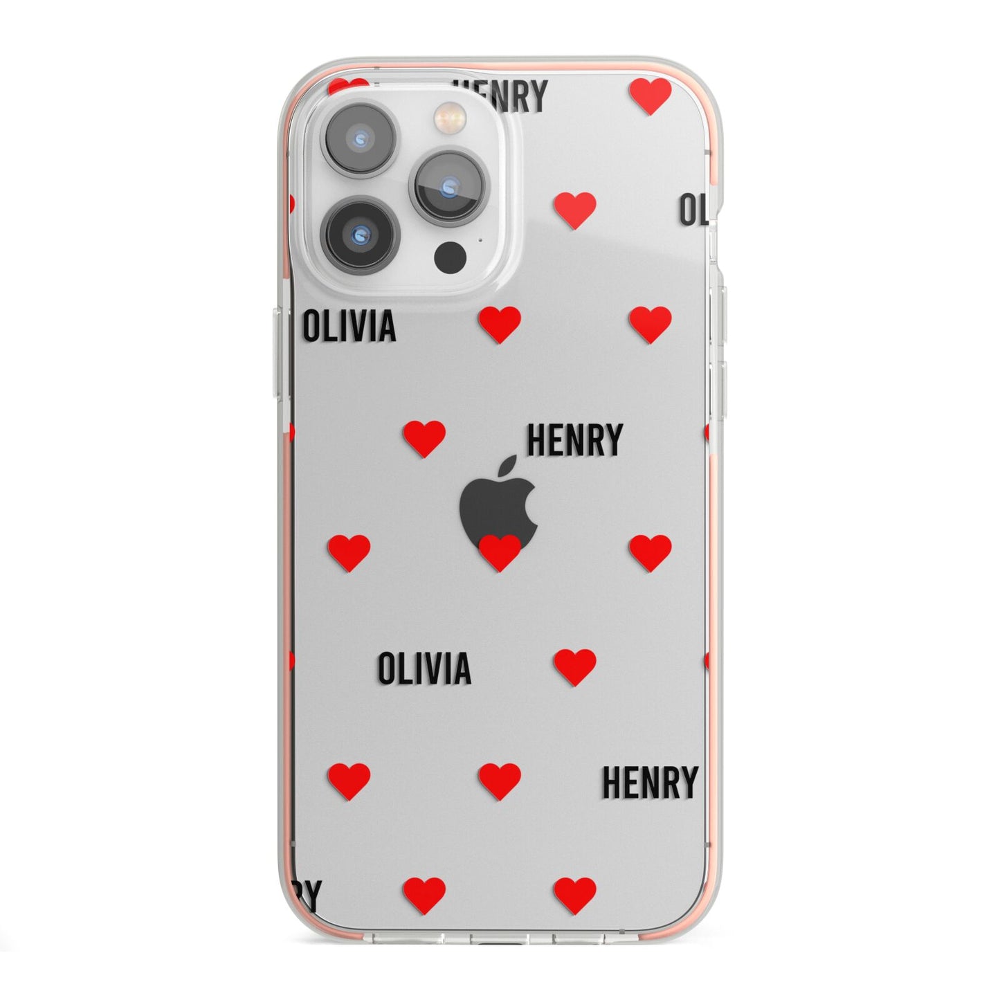 Red Hearts with Couple s Names iPhone 13 Pro Max TPU Impact Case with Pink Edges