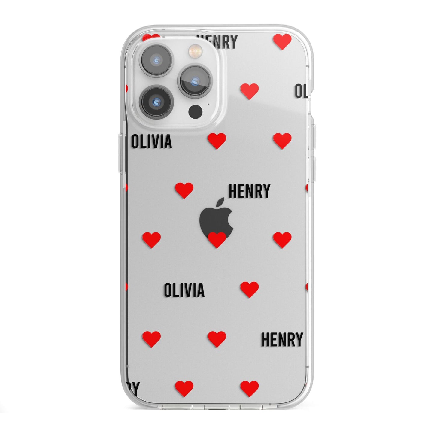 Red Hearts with Couple s Names iPhone 13 Pro Max TPU Impact Case with White Edges