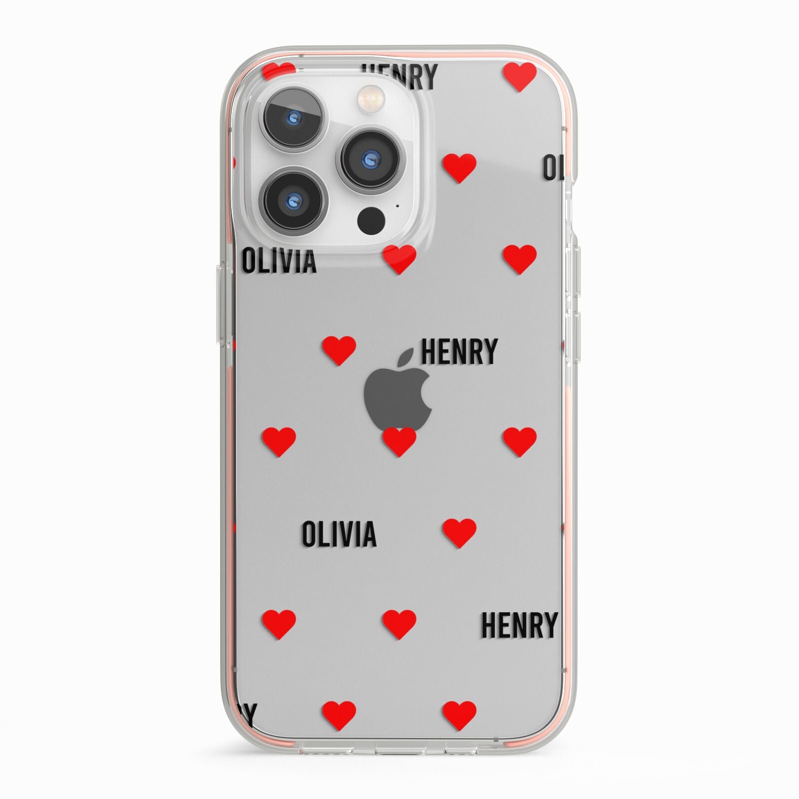 Red Hearts with Couple s Names iPhone 13 Pro TPU Impact Case with Pink Edges