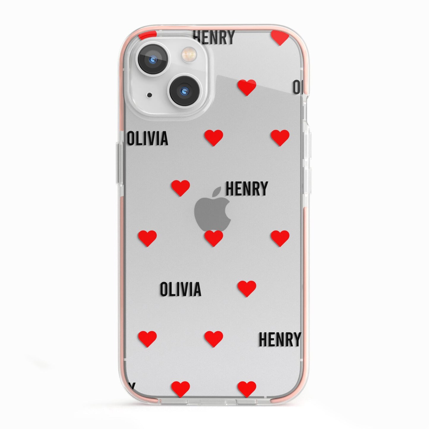 Red Hearts with Couple s Names iPhone 13 TPU Impact Case with Pink Edges