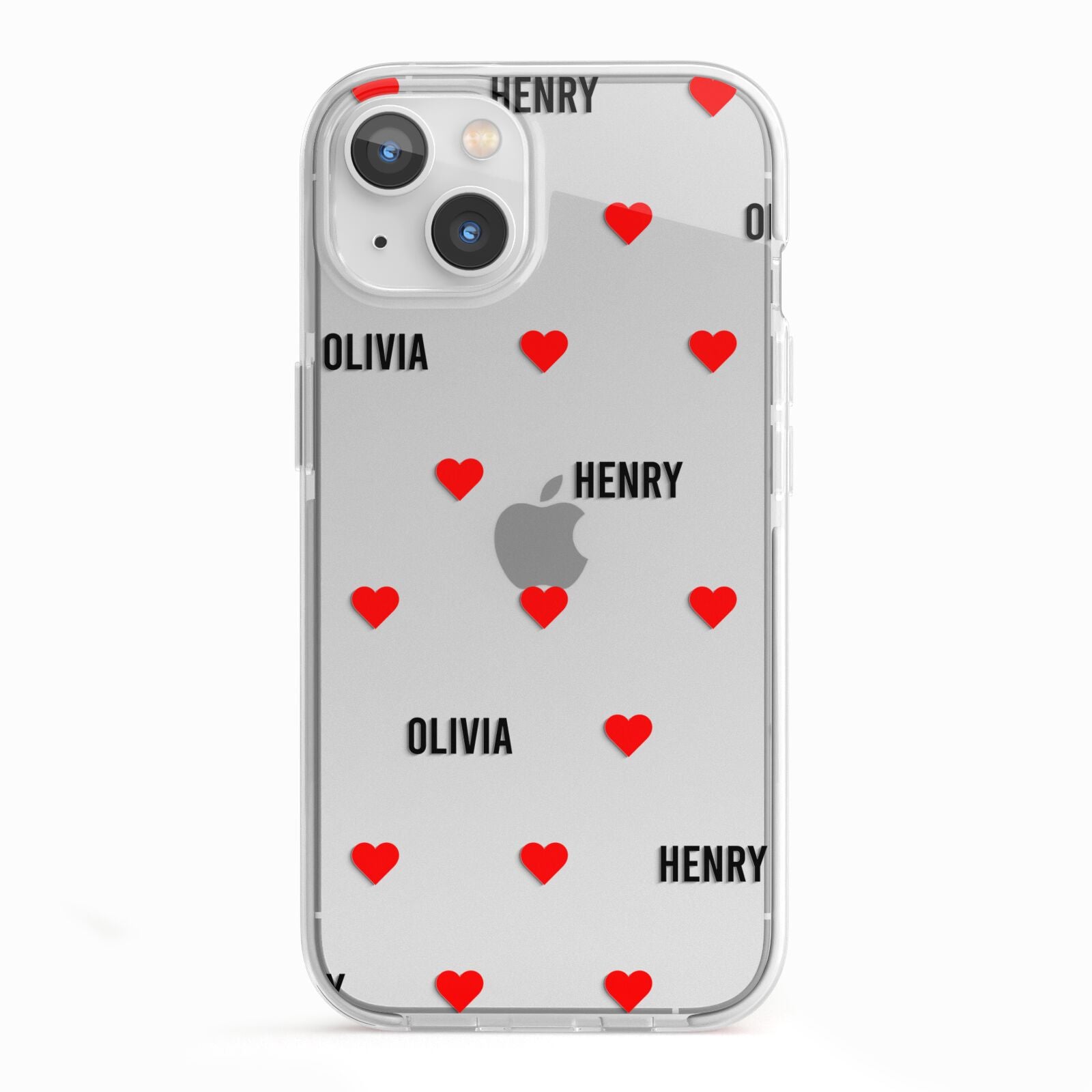 Red Hearts with Couple s Names iPhone 13 TPU Impact Case with White Edges