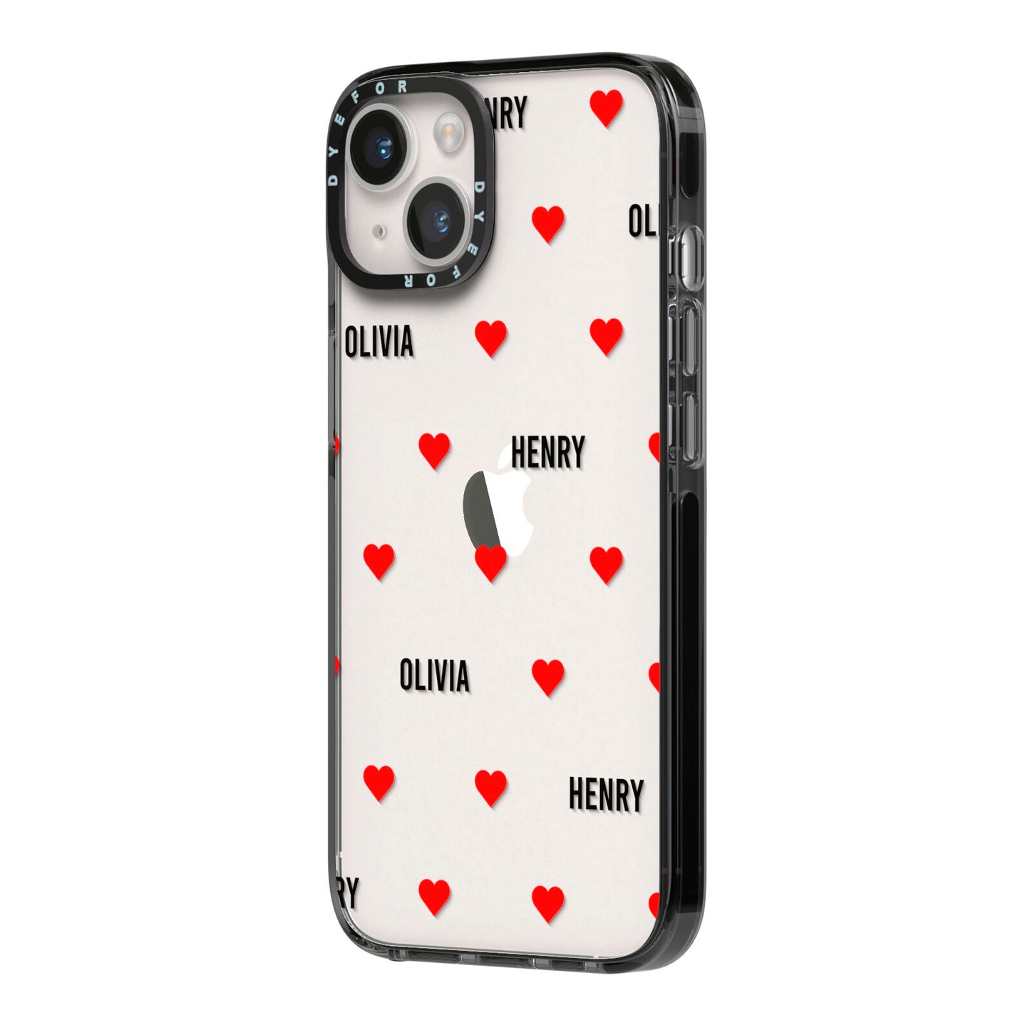 Red Hearts with Couple s Names iPhone 14 Black Impact Case Side Angle on Silver phone