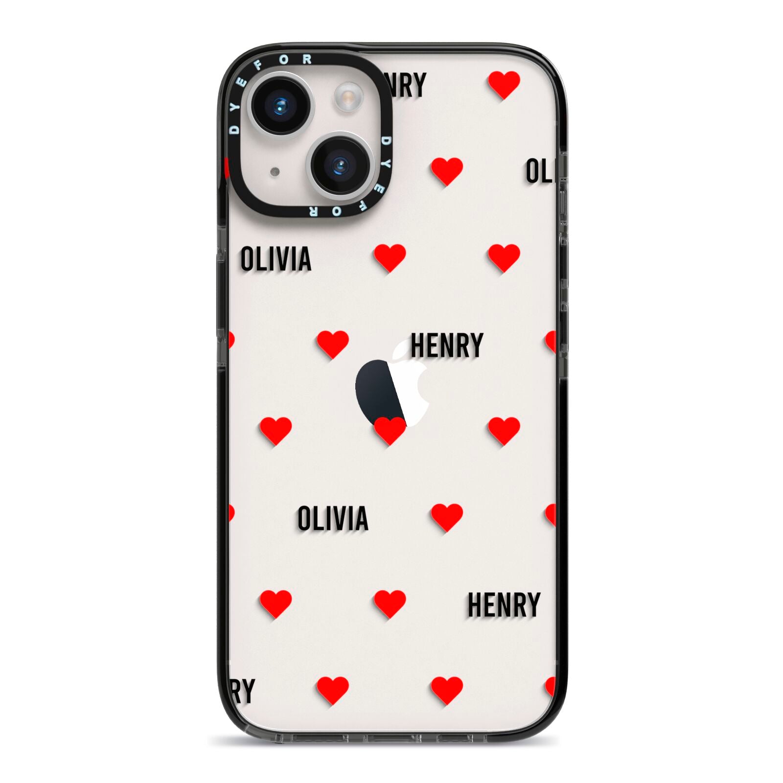 Red Hearts with Couple s Names iPhone 14 Black Impact Case on Silver phone