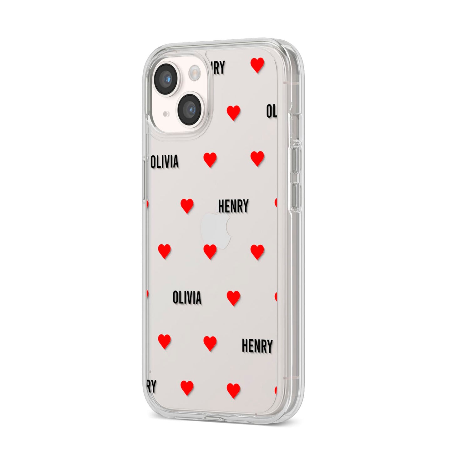 Red Hearts with Couple s Names iPhone 14 Clear Tough Case Starlight Angled Image