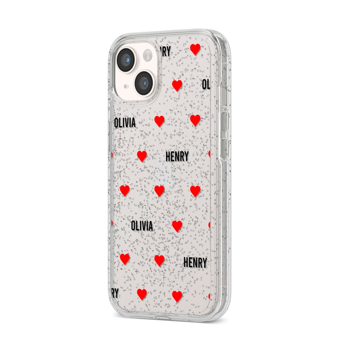 Red Hearts with Couple s Names iPhone 14 Glitter Tough Case Starlight Angled Image