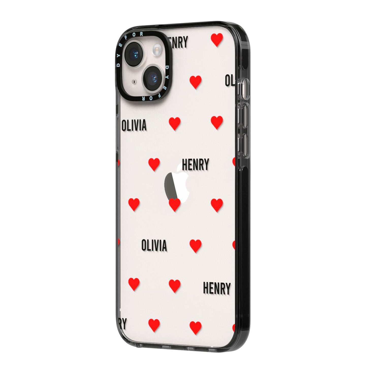 Red Hearts with Couple s Names iPhone 14 Plus Black Impact Case Side Angle on Silver phone