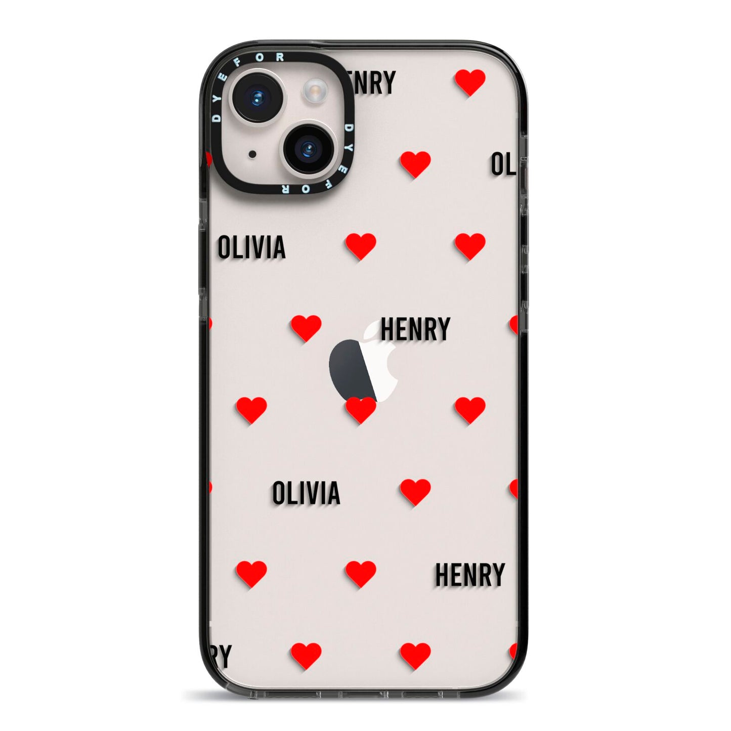 Red Hearts with Couple s Names iPhone 14 Plus Black Impact Case on Silver phone