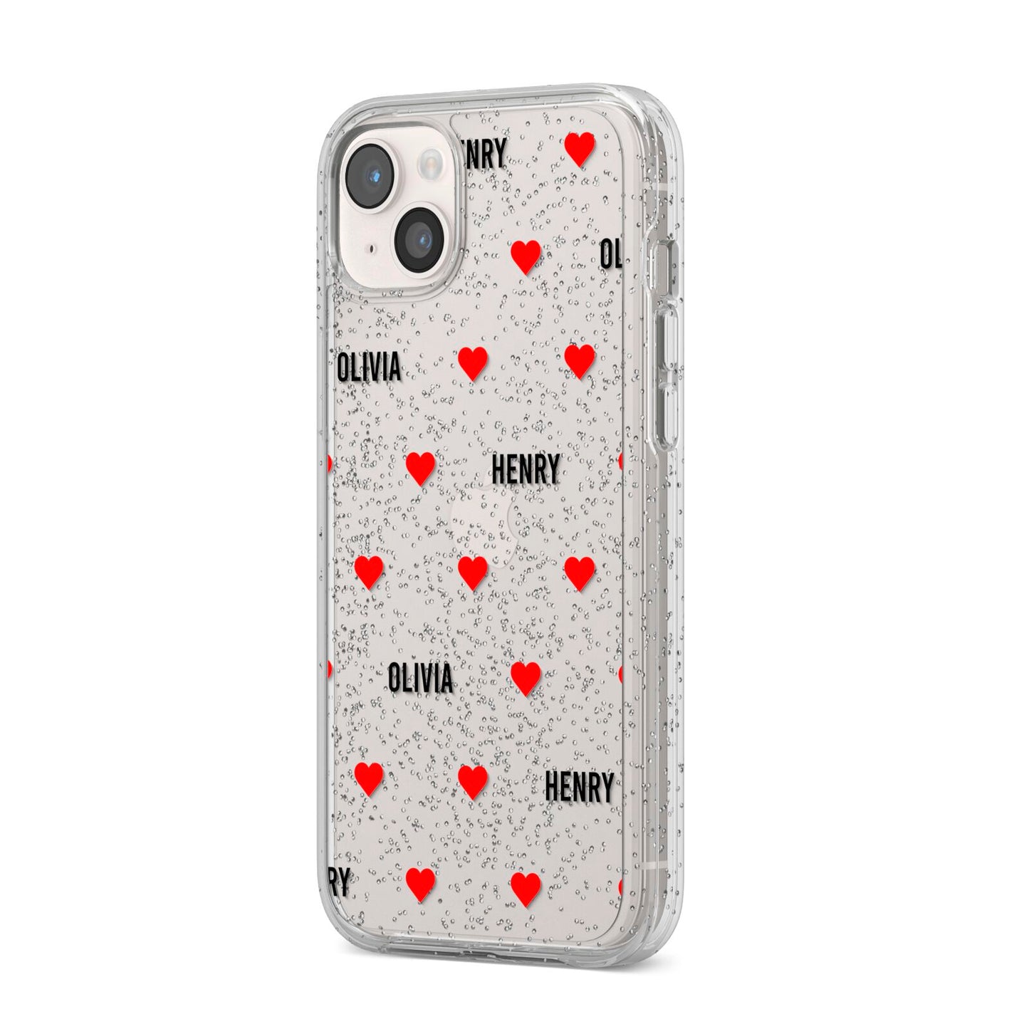Red Hearts with Couple s Names iPhone 14 Plus Glitter Tough Case Starlight Angled Image