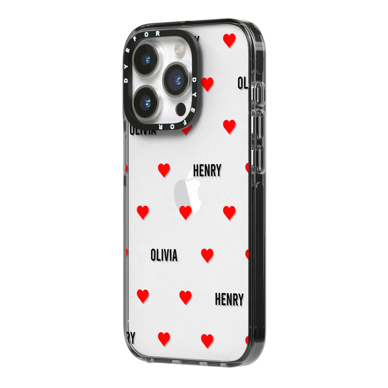 Red Hearts with Couple s Names iPhone 14 Pro Black Impact Case Side Angle on Silver phone
