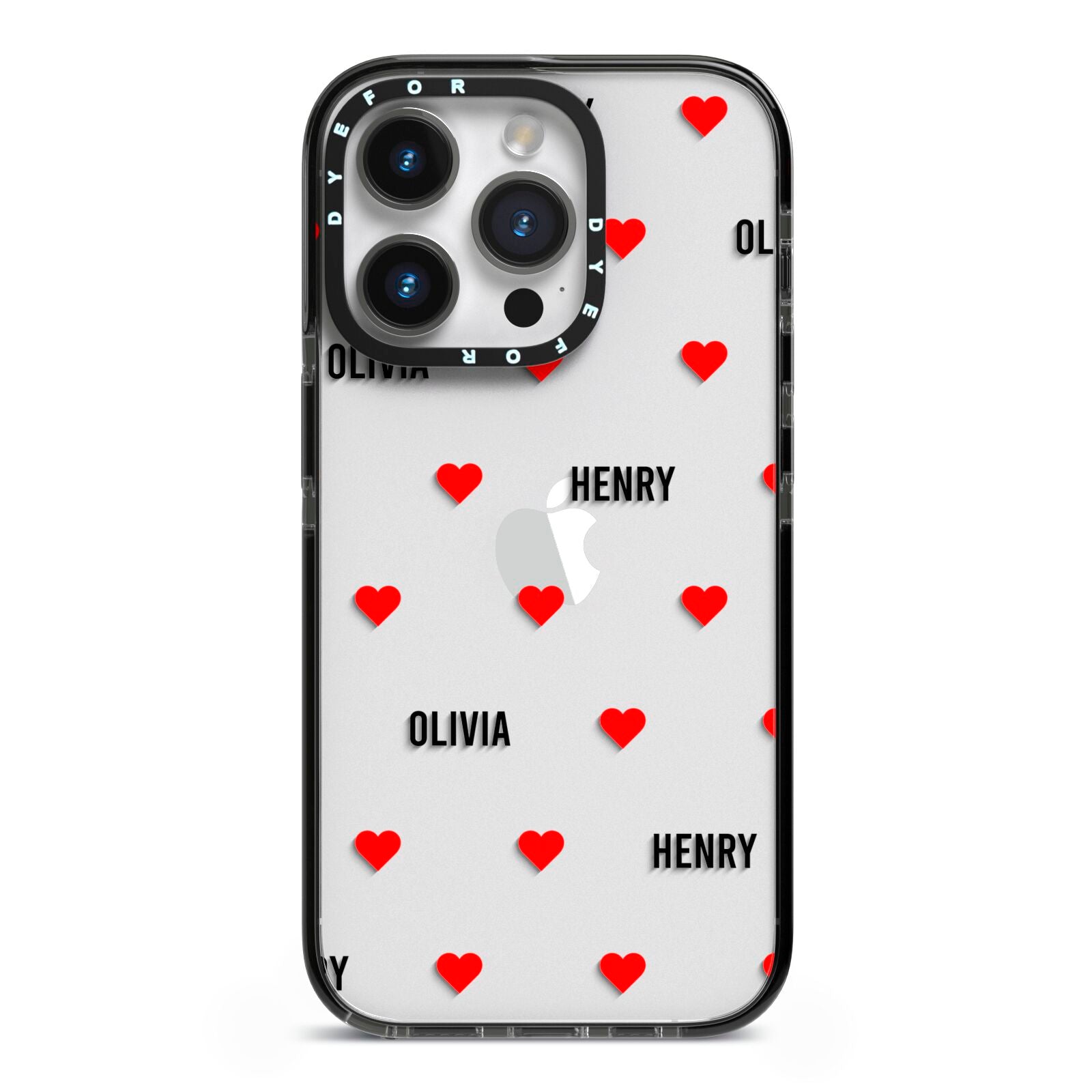 Red Hearts with Couple s Names iPhone 14 Pro Black Impact Case on Silver phone