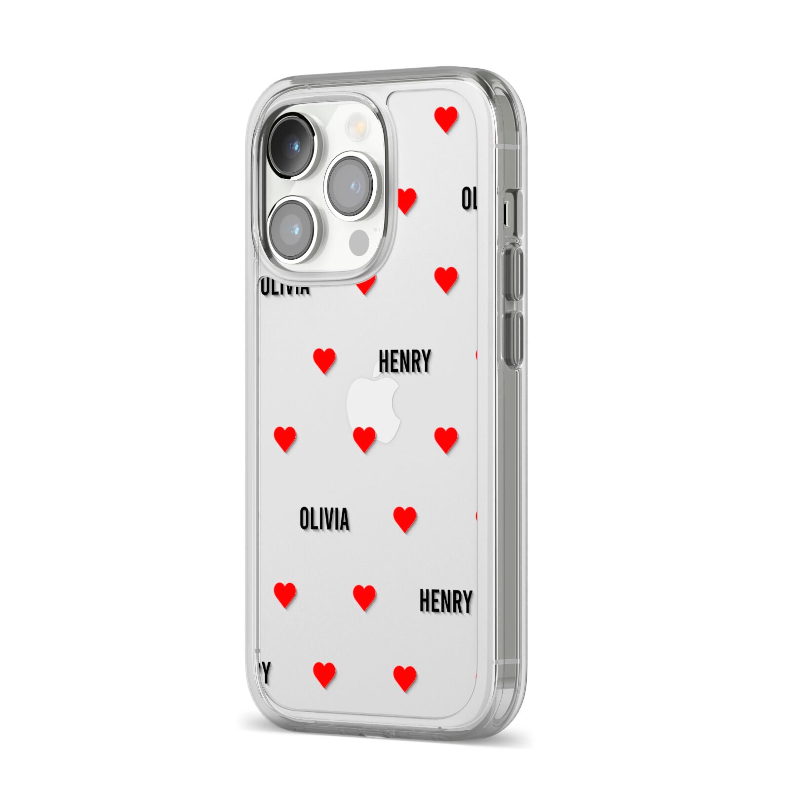 Red Hearts with Couple s Names iPhone 14 Pro Clear Tough Case Silver Angled Image