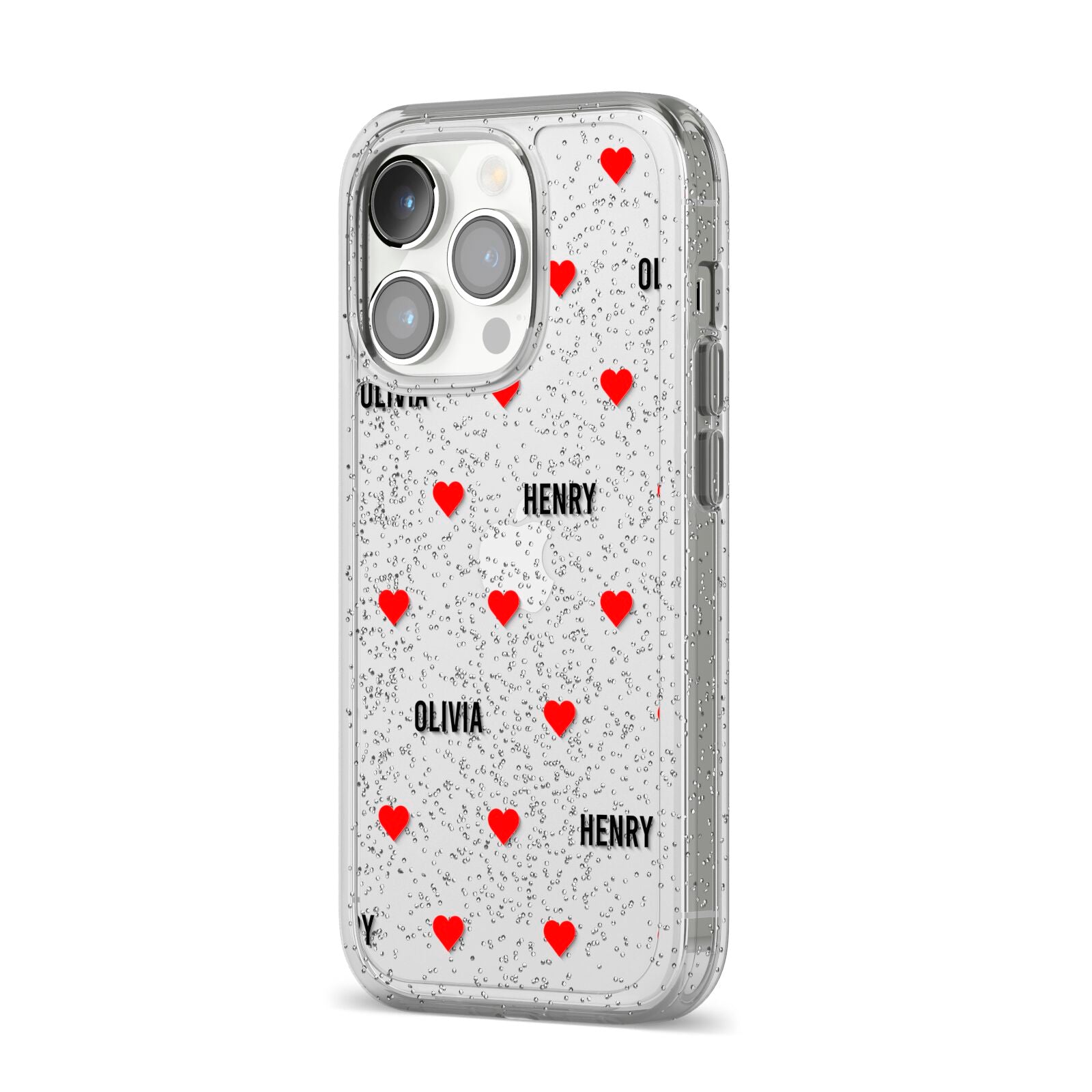 Red Hearts with Couple s Names iPhone 14 Pro Glitter Tough Case Silver Angled Image