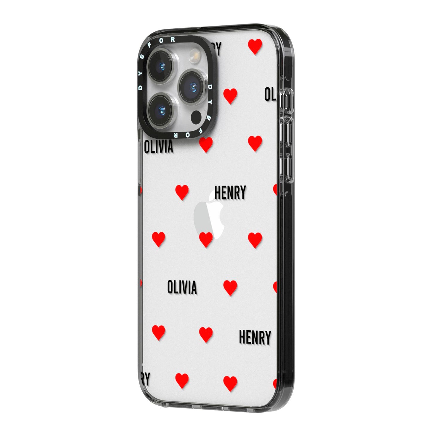 Red Hearts with Couple s Names iPhone 14 Pro Max Black Impact Case Side Angle on Silver phone