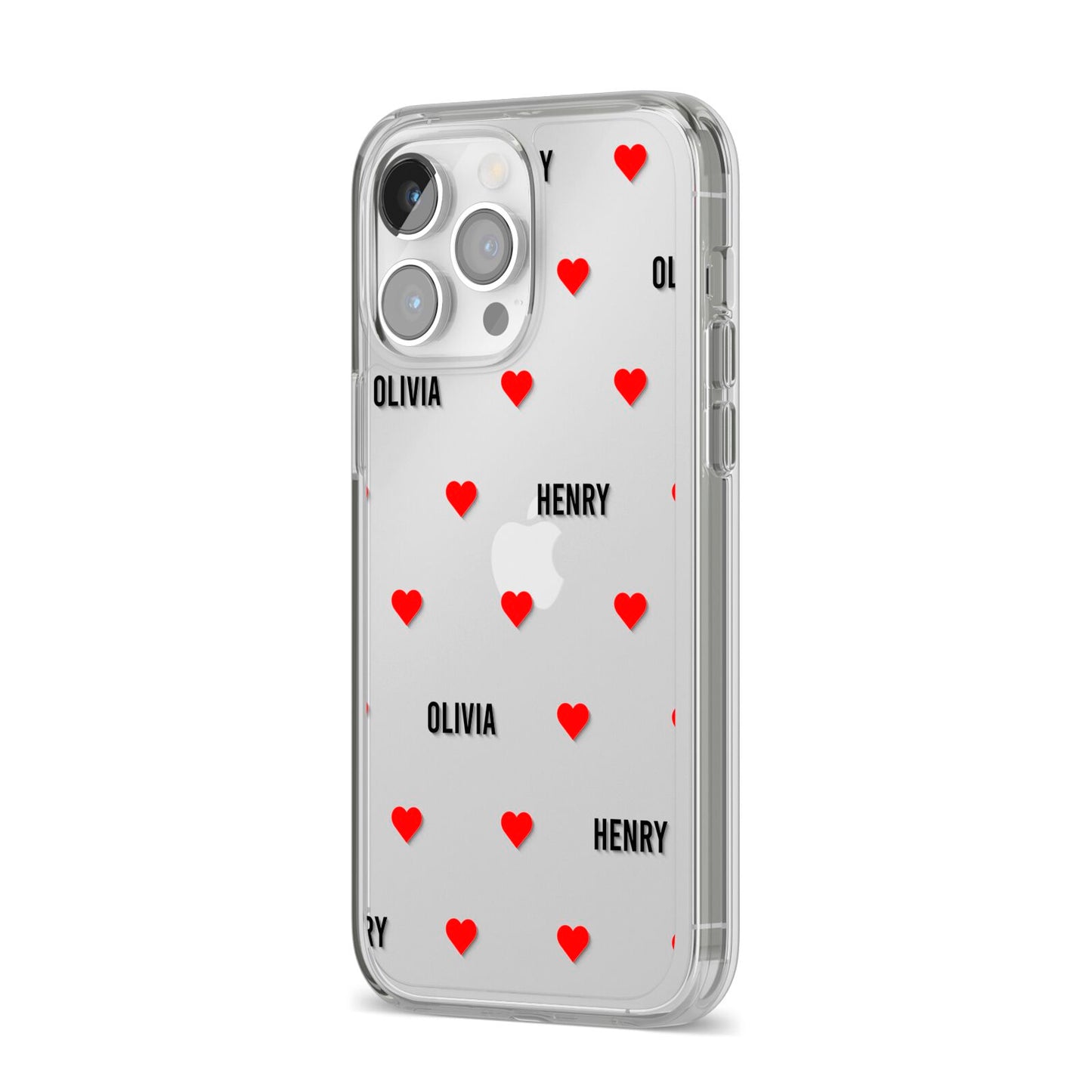Red Hearts with Couple s Names iPhone 14 Pro Max Clear Tough Case Silver Angled Image