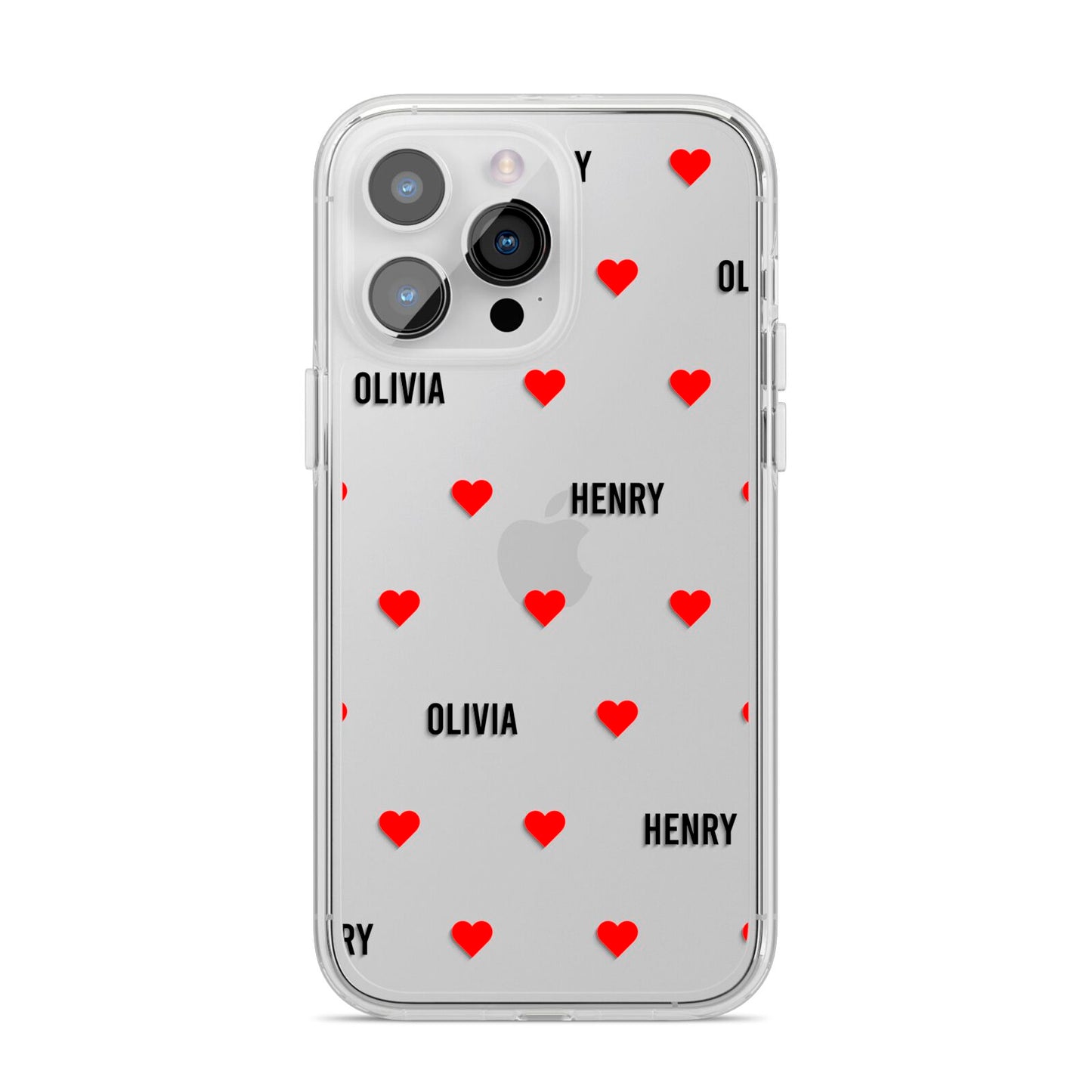 Red Hearts with Couple s Names iPhone 14 Pro Max Clear Tough Case Silver