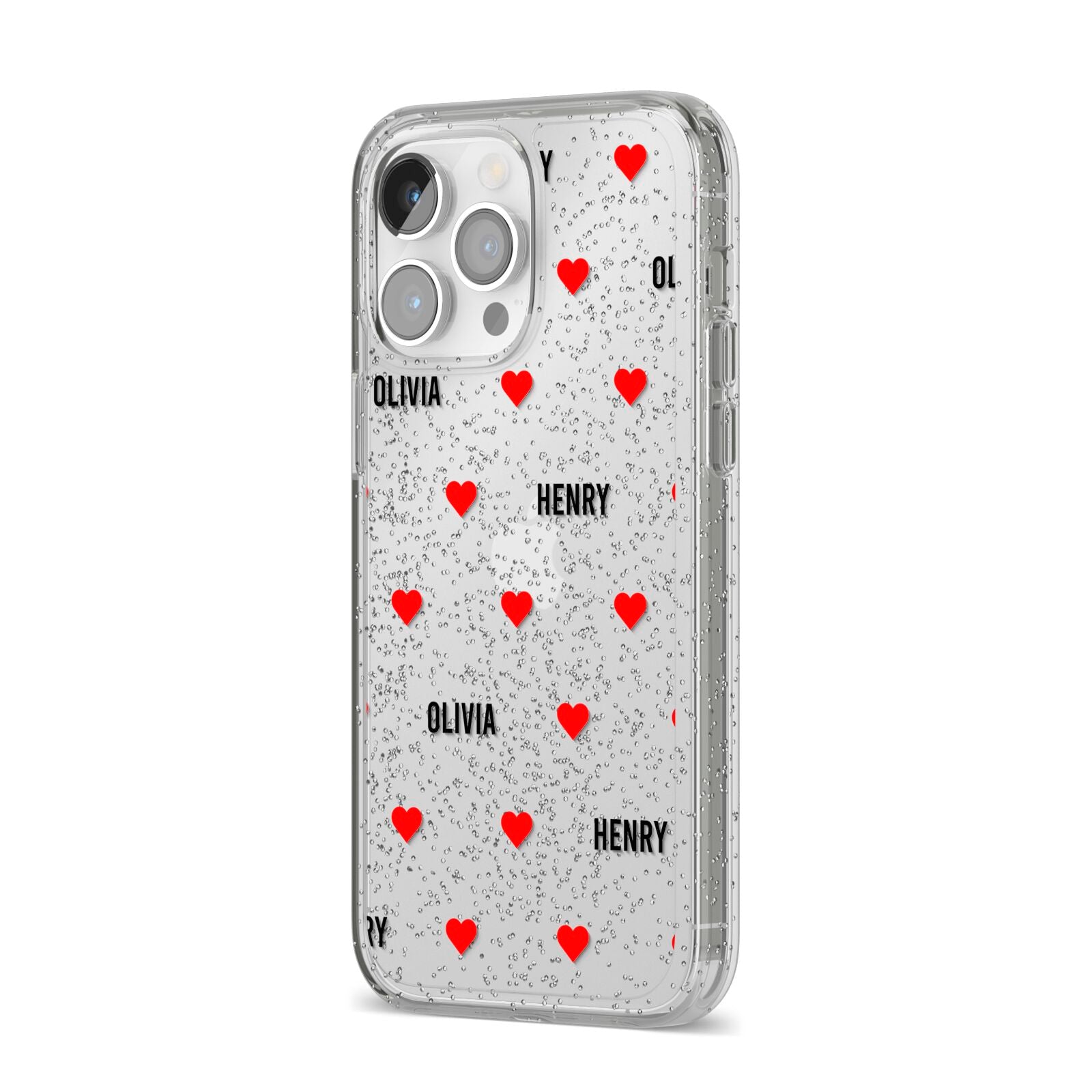 Red Hearts with Couple s Names iPhone 14 Pro Max Glitter Tough Case Silver Angled Image