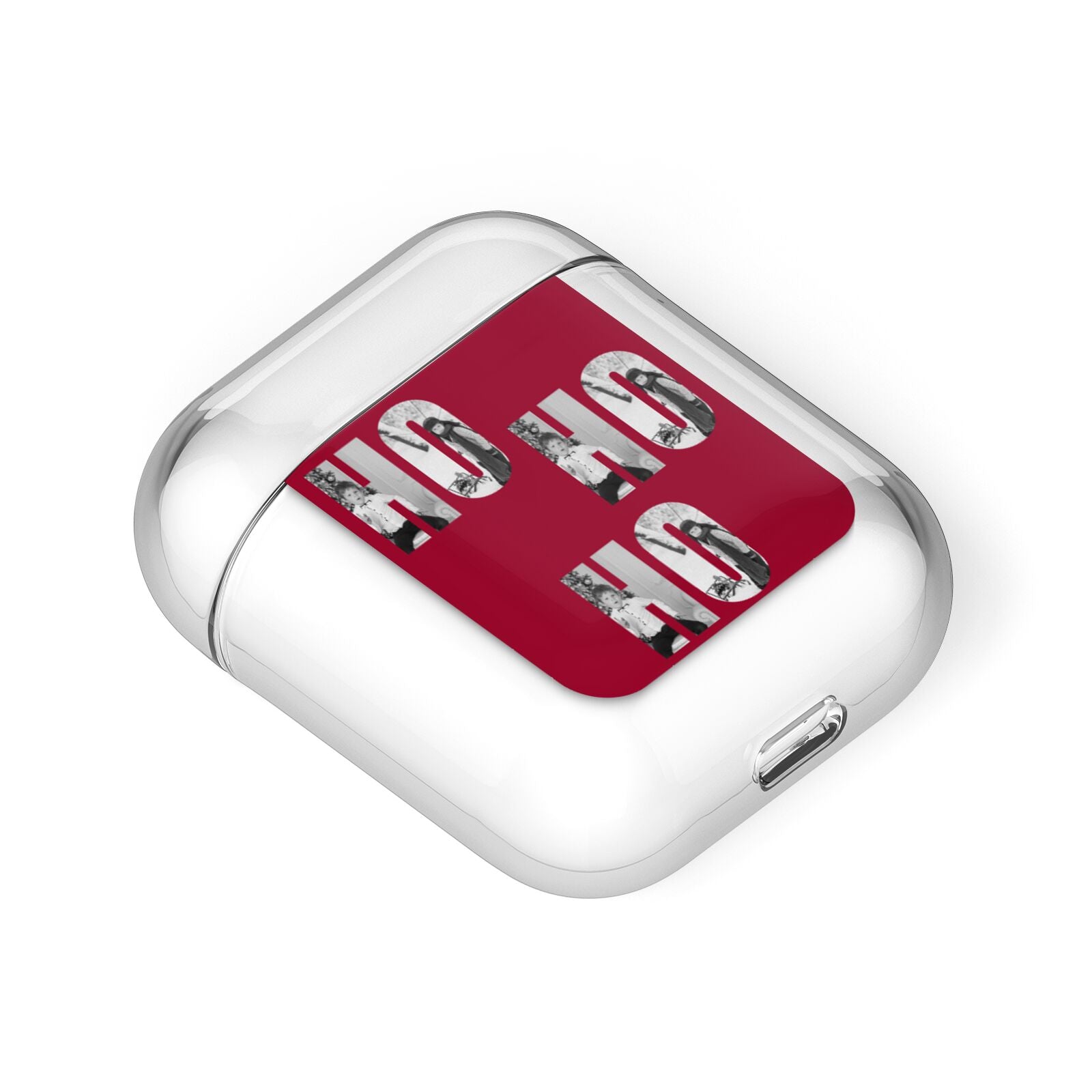 Red Ho Ho Ho Photo Upload Christmas AirPods Case Laid Flat