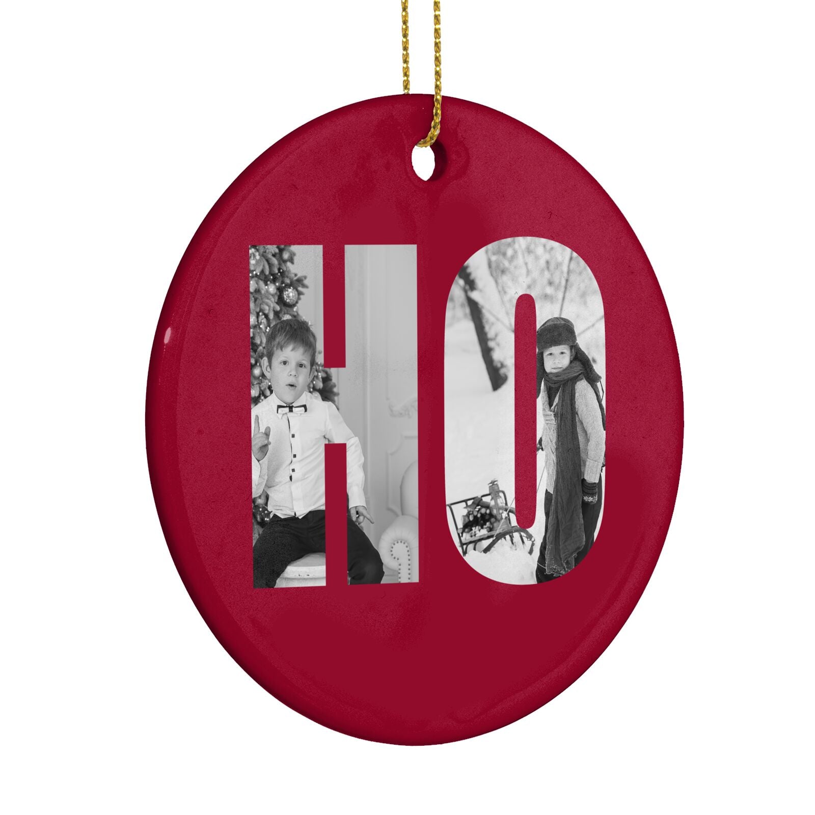 Red Ho Ho Ho Photo Upload Christmas Circle Decoration Side Angle