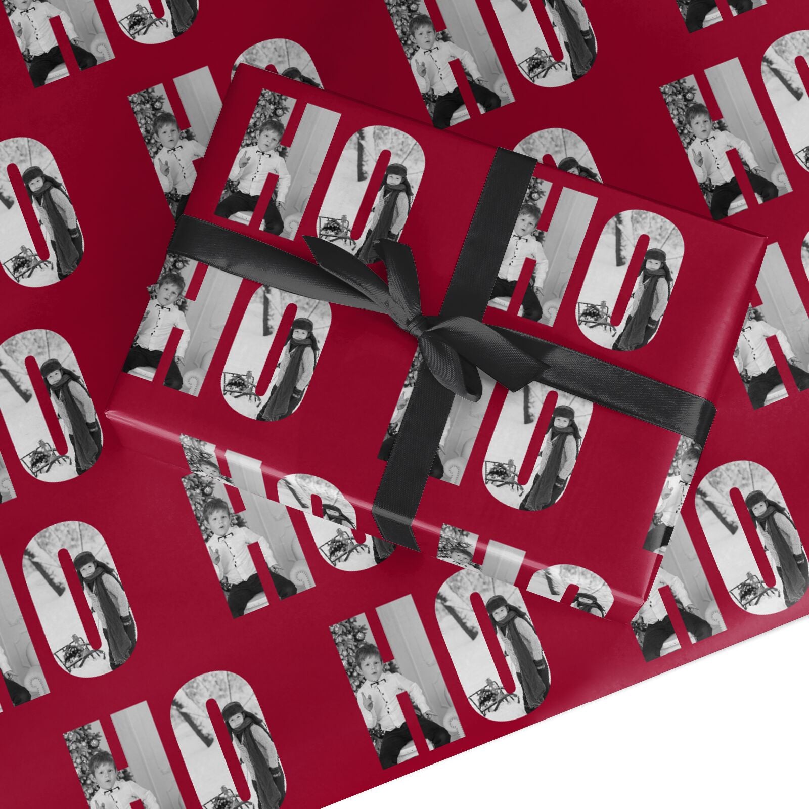 Red Ho Ho Ho Photo Upload Christmas Custom Wrapping Paper