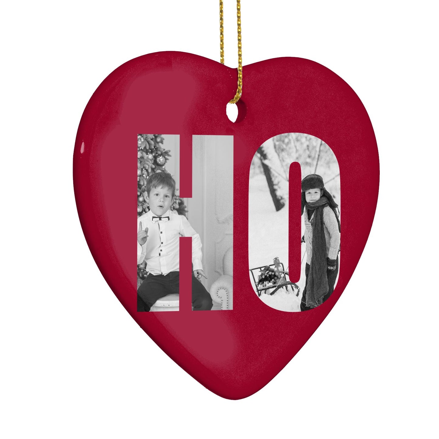 Red Ho Ho Ho Photo Upload Christmas Heart Decoration Side Angle