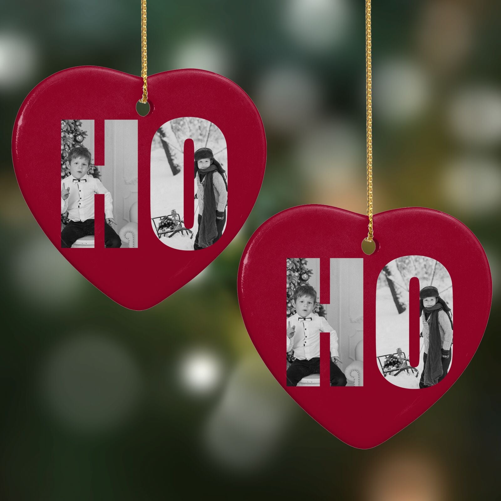 Red Ho Ho Ho Photo Upload Christmas Heart Decoration on Christmas Background