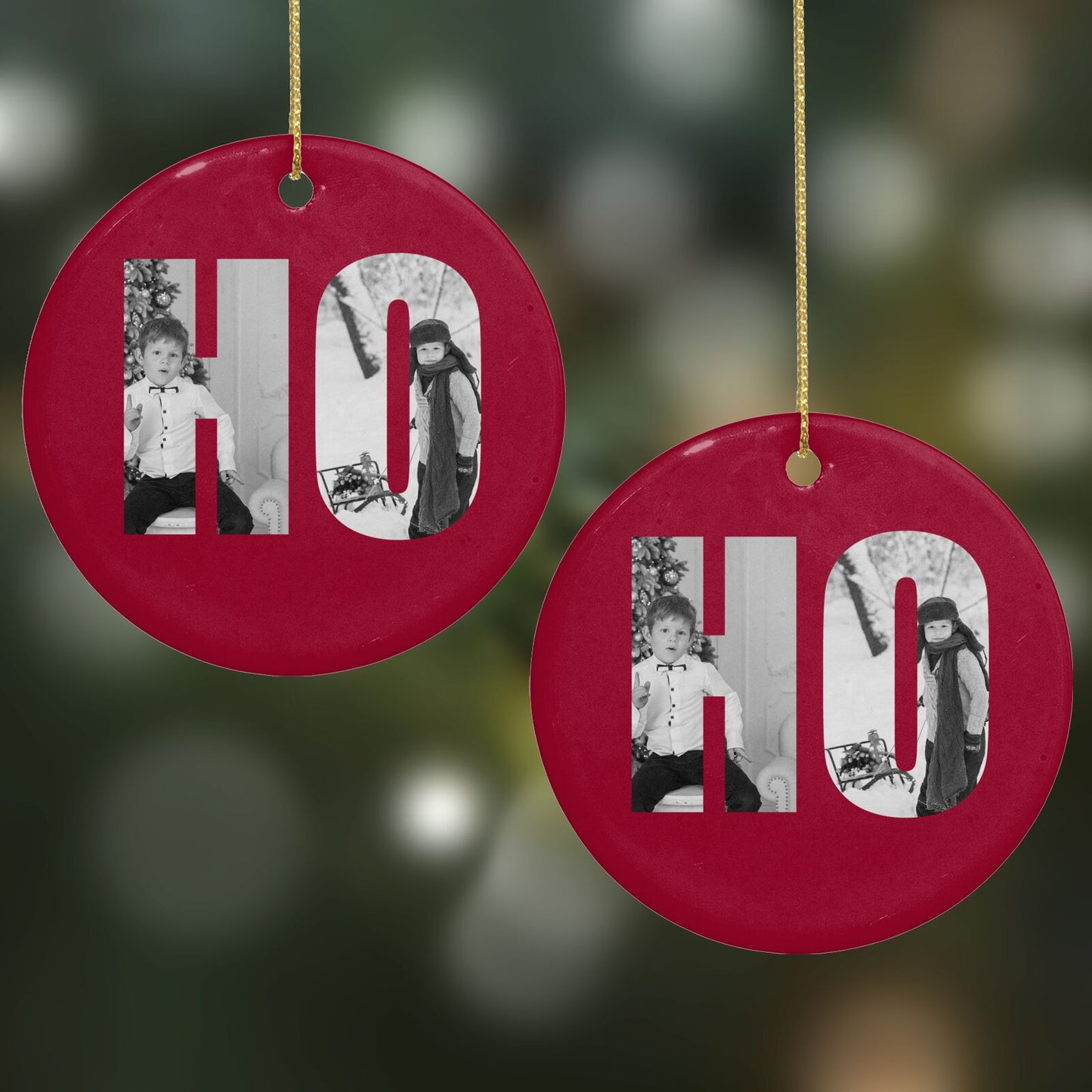 Red Ho Ho Ho Photo Upload Christmas Round Decoration on Christmas Background
