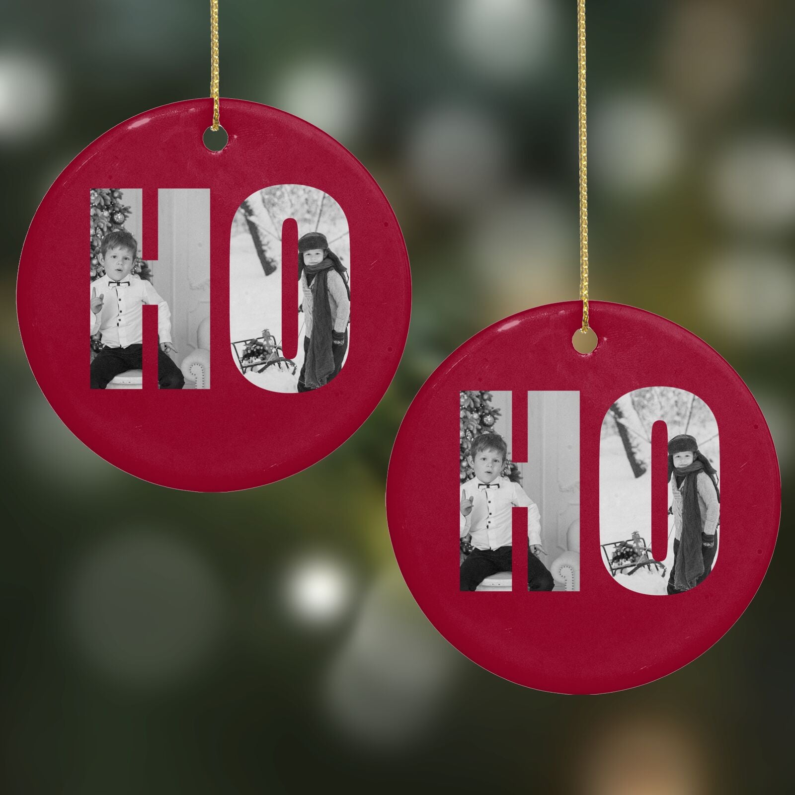 Red Ho Ho Ho Photo Upload Christmas Round Decoration on Christmas Background