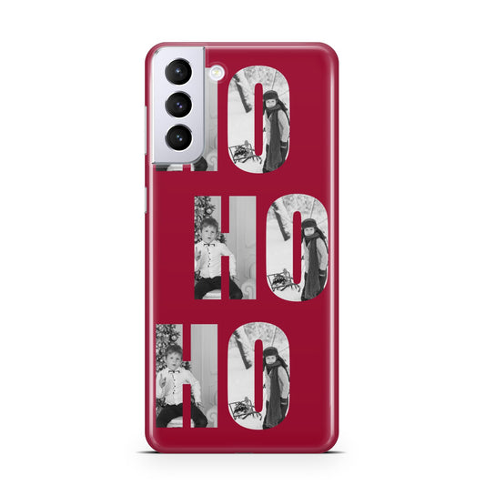 Red Ho Ho Ho Photo Upload Christmas Samsung S21 Plus Phone Case