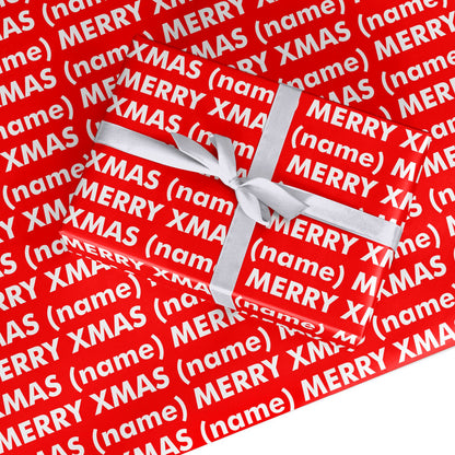 Red Merry Xmas Print with Name Custom Wrapping Paper